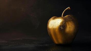 AI generated Golden fruit, apple made of gold, shimmering with fine detail on a black backdrop. Ideal for financial, success and high-value themed visuals. Banner with copy space. photo