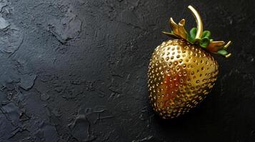 AI generated Golden strawberry made of gold with elegant design, on a dark backdrop. Ideal for marketing high-end products or services, epitomizes luxury and sophistication. Jewelry fruit. Banner photo