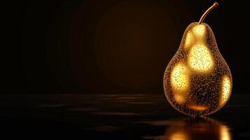 AI generated Shiny golden pear made of gold on white background, perfect for opulent decor themes, advertisements, and artistic representations of wealth or indul. Jewelry fruit. Banner photo