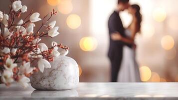AI generated A close-up of white flowers on a table, with a couple sharing an intimate moment out of focus behind them. Can be used for wedding or Valentines promotions, capturing the concept of love photo