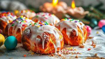 AI generated Freshly baked Easter cakes, Kuliches, with white glaze and colorful sprinkles, surrounded by lit candles and colored eggs. Traditional Ukrainian Easter cupcakes. Festive bread. photo