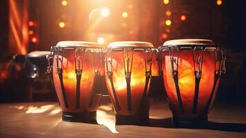 AI generated Illuminated conga drums set for a performance, spotlight with glowing background. Suitable for event flyers, music studio decor, and cultural event backgrounds. Bright performance. photo