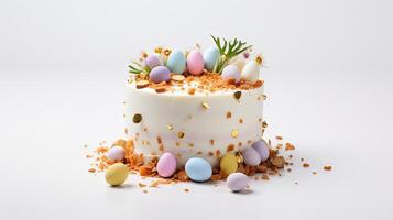 AI generated Easter celebration cake adorned with colorful eggs, gold details, and almond pieces on a clean backdrop. Can be used in Seasonal pastry promotions, food blogs photo