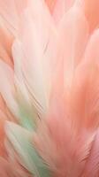 AI generated Feathers in pastel colors in shades of pink, peach, and green. Feathers texture background. Use as Backdrops for design projects, Fashion or decor. Concept of Softness and elegance. photo