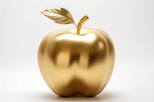 AI generated Metallic golden apple made of gold isolated on white background, representing wealth and prosperity. Ideal for premium marketing materials photo