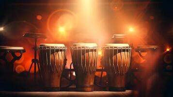 AI generated Conga drums in spotlight on dark stage creating inviting atmosphere for musical event advertising and cultural presentation. Traditional percussion musical instrument of Afro-Cuban. photo