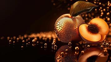 AI generated Metallic golden peach made of gold with water droplets and spheres on a black backdrop, suitable for luxury branding, high-end product visuals, or abstract art concepts. Banner photo