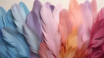 AI generated Soft feathers in pastel colors in shades of pink, peach, and blue. Feathers texture background. Ideal for Backdrops for design projects, Fashion or decor. Concept of Softness and elegance photo