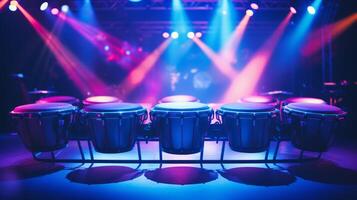 AI generated Conga drums is illuminated by neon colorful stage lights. Can be used for musical event promotions or articles about live performances. Traditional percussion instrument of Afro-Cuban photo