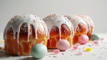 AI generated Freshly baked Easter cakes, Kuliches, with white glaze and colorful sprinkles, surrounded by colored eggs. Traditional Ukrainian Easter cupcakes. Festive bread. photo
