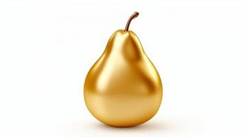 AI generated Shiny golden pear made of gold on white background, ideal for opulent decor themes, advertisements, and artistic representations of wealth or indul. Jewelry fruit. Banner with copy space. photo