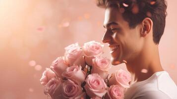 AI generated Young handsome man holds a bouquet of pink roses on blurred background with bokeh. Banner with copy space. Can be used in greeting cards or Valentines Day promotions, symbolizing love photo