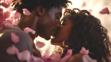 AI generated African American Couple in a tender embrace surrounded by falling pink rose petals. Romantic moment. Ideal as postcard for Valentines Day, wedding, love story themes. Concept of passion photo