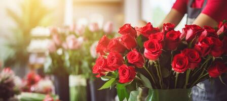 AI generated Female hands make beautiful bouquet of red roses in floral shop. Florist workplace. Banner with copy space. Perfect for Valentines Day promotions, flower shop advertisements, romantic photo