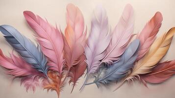 ai generado colección de plumas en pastel colores arreglado horizontalmente en contra un ligero antecedentes. lata ser usado en Moda o Arte efectos visuales foto