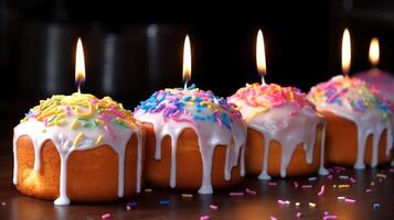 ai generado Pascua de Resurrección kulich pasteles con blanco Formación de hielo, coronado con vistoso asperja y iluminado velas en oscuro antecedentes. tradicional ruso Pascua de Resurrección magdalena ideal para celebración eventos y fiesta foto