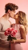 AI generated Young man giving flowers to his girlfriend. Couple kissing. On light pink background. Romantic happy moment. Ideal for love, relationships, and Valentines celebrations. Vertical format photo