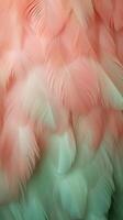 AI generated Soft feathers in pastel colors in shades of pink, peach, and green. Feathers texture background. Use as Backdrops for design projects, Fashion or decor. Concept of Softness and elegance photo