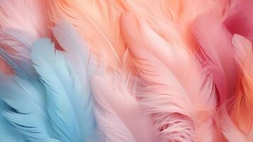 AI generated Soft feathers in pastel colors in shades of pink, peach, and blue. Feathers texture background. Use as Backdrops for design projects, Fashion or decor. Concept of Softness and elegance photo