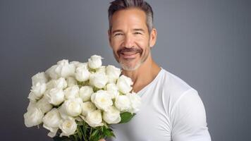 AI generated Smiling man holding a large bouquet of fresh white roses, perfect for romantic gestures or special occasions. Use as Greetings, Celebrations, Gifts. photo