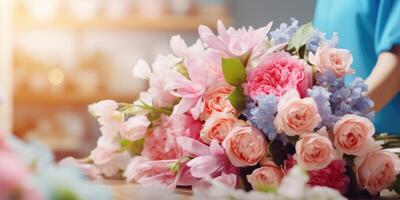AI generated Female hands make beautiful bouquet of mix flowers in floral shop. Florist workplace. Banner with copy space. Ideal for Valentines Day promotions, flower shop advertisements, romantic photo