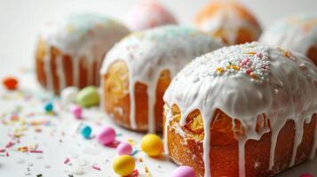 AI generated Kulich, traditional Russian Easter bread, adorned with white glaze and colorful sprinkles. With sweets. On light background. Festive Easter cupcakes. Ideal for culinary blog, celebration photo