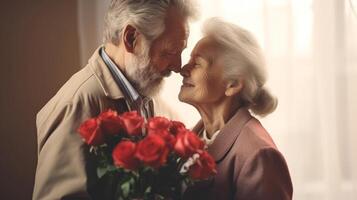 AI generated Elderly man giving a bouquet of flowers to elderly woman on a blurred background. Concept of love, affection and intimate moments. Ideal for relationship, dating themes and Valentines photo