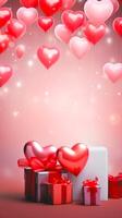 ai generado rojo y rosado corazón globos flotante encima regalo cajas envuelto con elegante arcos, conjunto en contra un suave rosado antecedentes con espumoso luces. ideal para san valentin o aniversario tarjeta foto