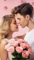 AI generated Young man giving flowers to his girlfriend. On light pink background. Romantic happy moment. Ideal for love, relationships, and Valentines celebrations. Vertical format photo