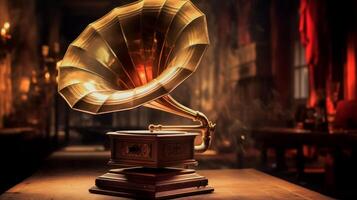 AI generated Gramophone with golden horn on blurred background of living room. Can be used in article, blog, website about vintage music players, antique collections, historical content photo