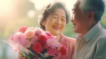 AI generated Elderly Asian man giving bouquet of flowers to elderly Asian woman on a blurred background. Concept of love and affection. Ideal for relationship, dating themes and Valentines photo