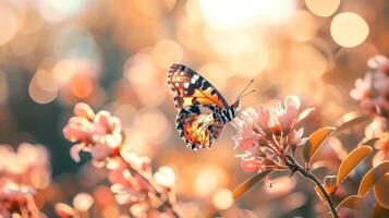 AI generated Beautiful butterfly on blooming flowers, with a blurred bokeh background. Pastel peach colors. Banner with copy space. Ideal for presentations, articles, websites related to nature, photo