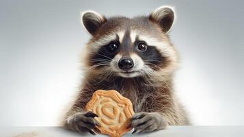 AI generated Raccoon Holding Cookie. On light background. Cute animal. Suitable for comedic content or illustrating food attraction. Banner, poster, postcard, greeting. photo