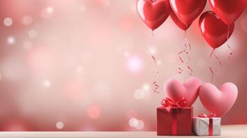 AI generated Heart-shaped balloons and gifts with ribbons on a bokeh background. Banner with copy space. For greeting, postcard, invitation. Ideal for Valentines Day, anniversaries or romantic photo