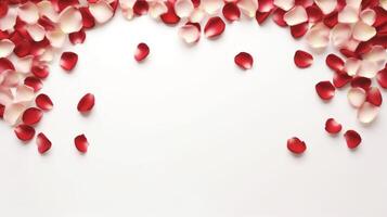 AI generated A heart shape crafted from red and pink rose petals on an isolated white background. A classic symbol for weddings, love, and Valentines Day. Banner with copy space. photo