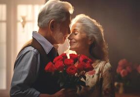 AI generated Elderly man giving bouquet of flowers to elderly woman on a blurred background. Concept of love, affection, and intimate moments. Ideal for relationship, dating themes and Valentine photo