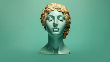 ai generado oro verde antiguo estatua de un hembra cabeza en un ligero verde sólido antecedentes. ideal para contemporáneo Arte proyectos foto