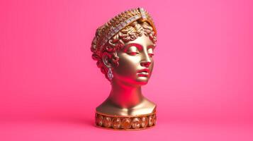 AI generated Gold antique statue of a female head on pink solid background, perfect for use in artistic or abstract visual content. Banner with copy space. photo