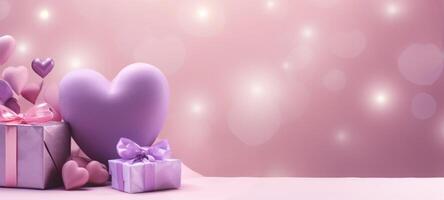 AI generated Large purple heart and gifts with pink bows on a dreamy pink background with bokeh lights. Perfect for Valentines Day romance and surprises. Banner with copy space. photo