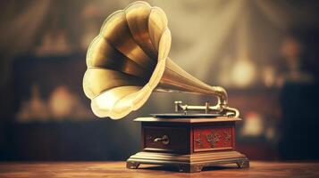 AI generated Vintage gramophone with golden horn on polished surface, illuminated by soft lighting. Can be used in articles, blogs, websites about vintage music players, antique collections, photo