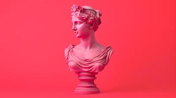 AI generated Antique sculpture of a female head on a vibrant pink red background, perfect for use in artistic or abstract visual content photo