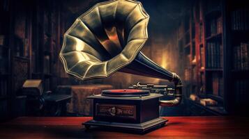 AI generated Retro gramophone with golden horn on blurred background of room. Can be used in article, blog, website about vintage music players, antique collections, historical content photo