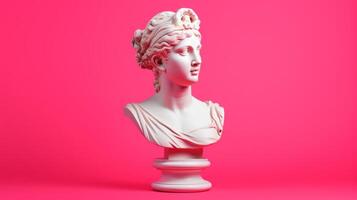 AI generated White sculpture of female bust on a vibrant pink background, ideal for contemporary art projects photo