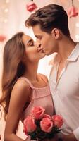 AI generated A kissing couple holding a bouquet of roses, with a blurred background of lights and floating rose petals. Suitable for romantic or Valentines themed content. Vertical format photo