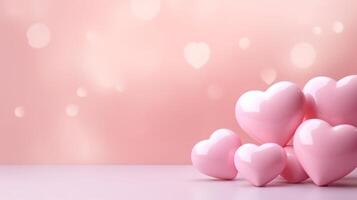 AI generated Glossy pink hearts set against a soft pink background with bokeh lights. Ideal for Valentines Day promotions or love-themed events. Banner with copy space. photo