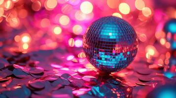 AI generated A close-up image of a disco ball surrounded by shiny confetti, illuminated by colorful lights. Ideal for party, celebration, and event themes photo