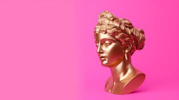 AI generated Gold antique statue of a female head on a pink solid background, perfect for use in artistic or abstract visual content. Banner with copy space. photo