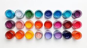 AI generated Open jars of vibrant paints in a spectrum of colors, lined up on a white surface. Ideal for art supplies or creative projects. Top view. photo