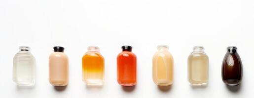 AI generated Collection of seven cosmetic bottles with various colored liquids, perfect for product display and advertisements. Displayed against a white background. photo