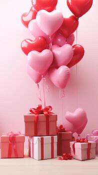 AI generated Heart-shaped balloons in various shades of red and pink, floating above a selection of gift boxes. Ideal for use in Valentines Day promotions or romantic event decorations. Vertical. photo
